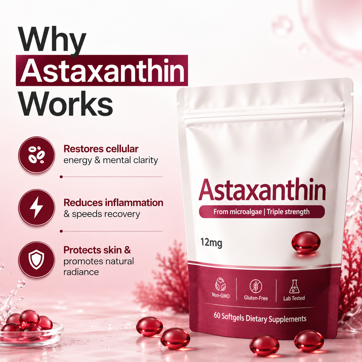 ROVINA Astaxanthin 12mg Softgels From Microalgae - Triple Strength Antioxidant Serenzza