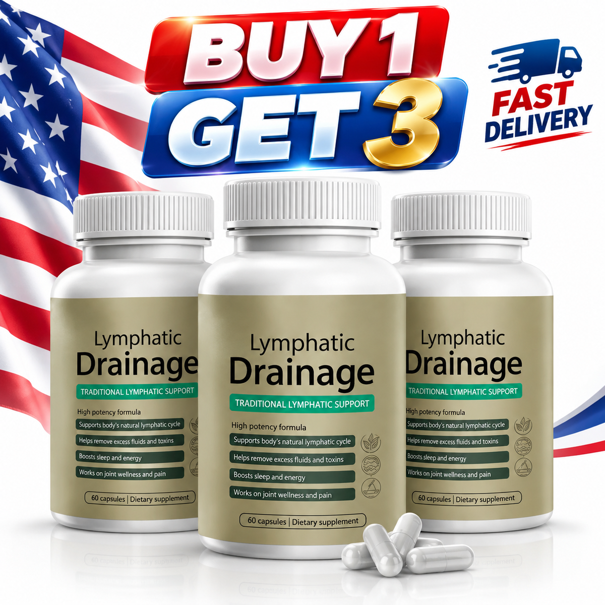 (BUY 1 GET 3)Lymphatic Drainage Capsules, Lymphatic Drainage, 60 Capsules 3 PACK zuxi