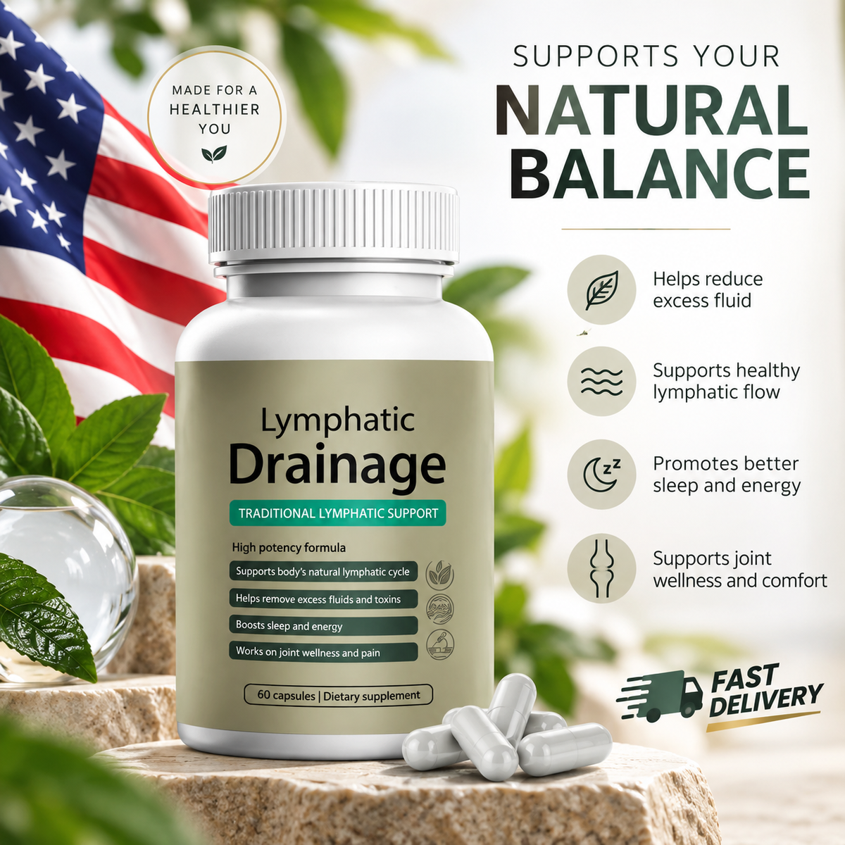 (BUY 1 GET 3)Lymphatic Drainage Capsules, Lymphatic Drainage, 60 Capsules 3 PACK zuxi