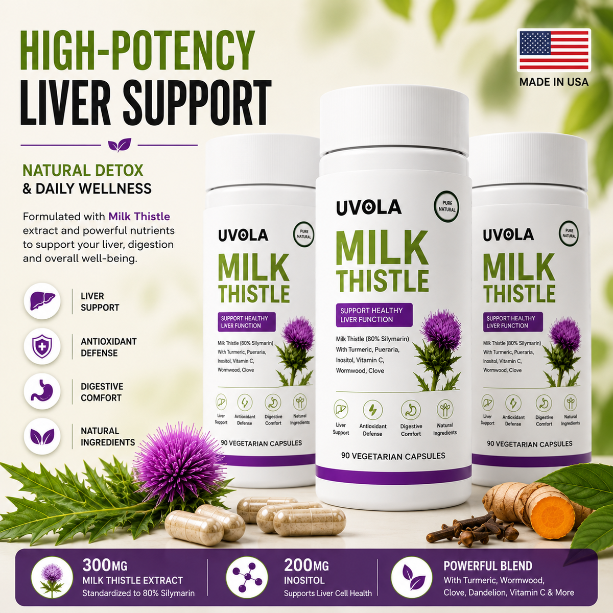 1-3PCS  Milk Thistle Supplement,80% Silymarin Liver Support Formula,90 Capsules Serenzza