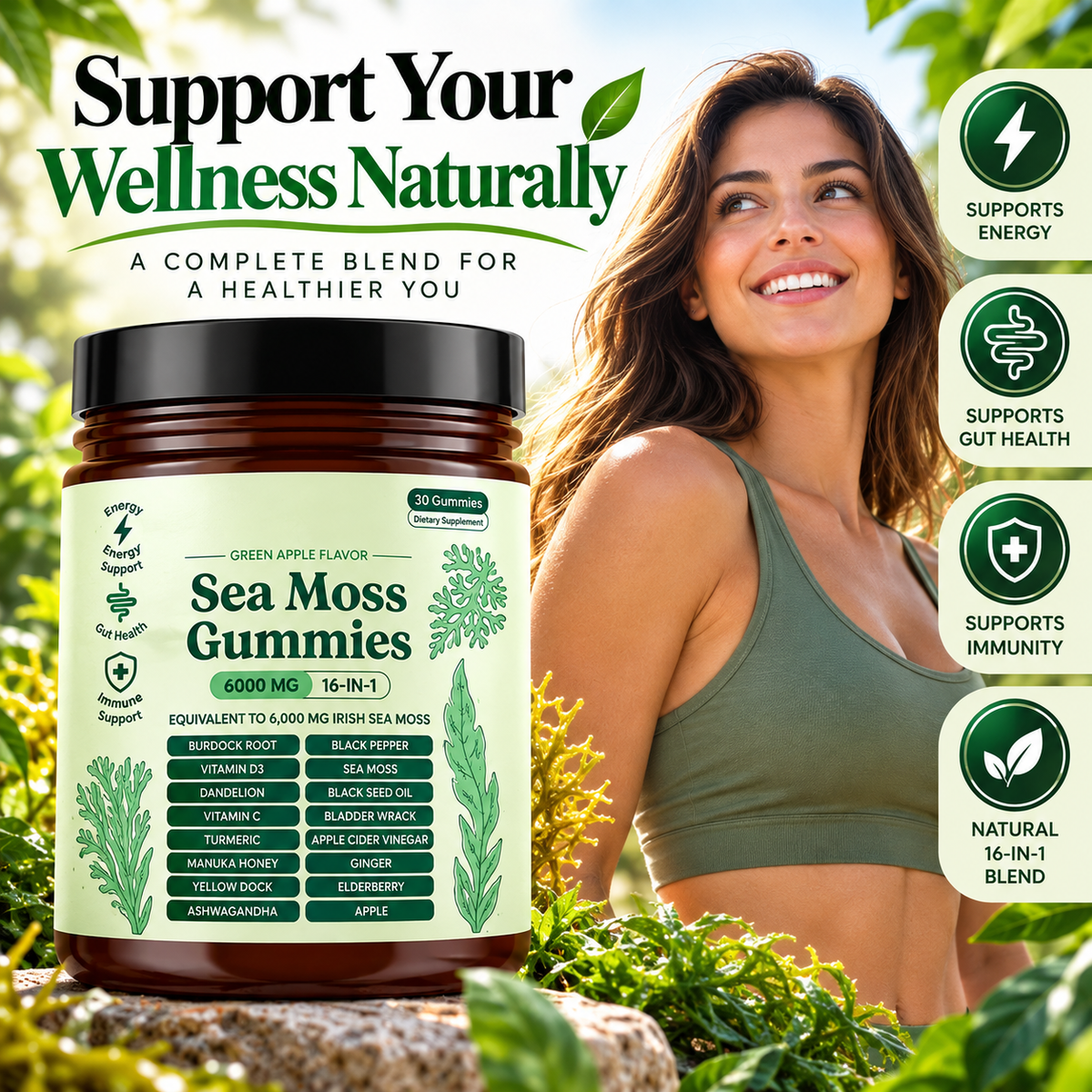 (3 PACK) Sea Moss Gummies 16-in-1, Sea Moss Blend with Black Seed Oil-Green Apple Flavor Imar (Cópia)