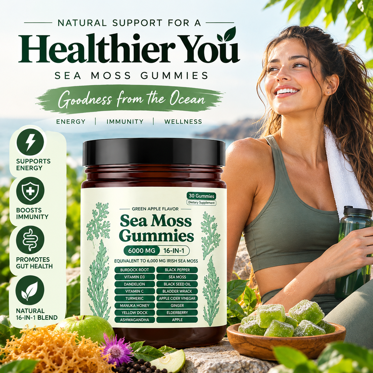 (3 PACK) Sea Moss Gummies 16-in-1, Sea Moss Blend with Black Seed Oil-Green Apple Flavor Imar (Cópia)