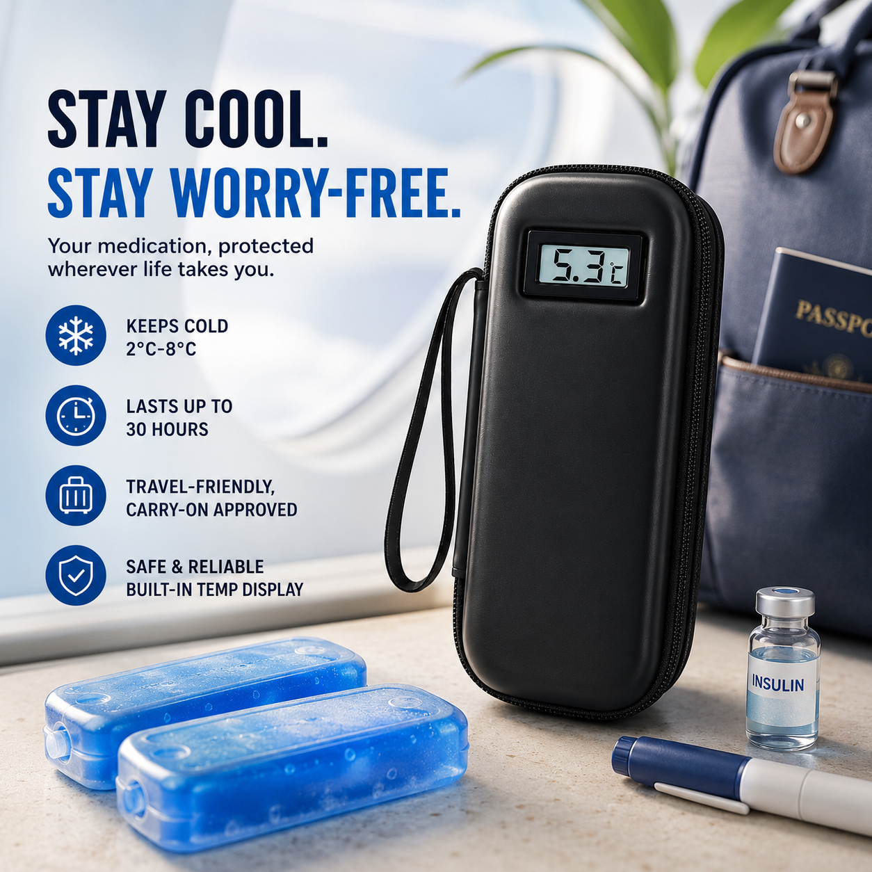 Insulin Cooler Travel Case with Temperature Display & Ice Packs for Travel Serenzza