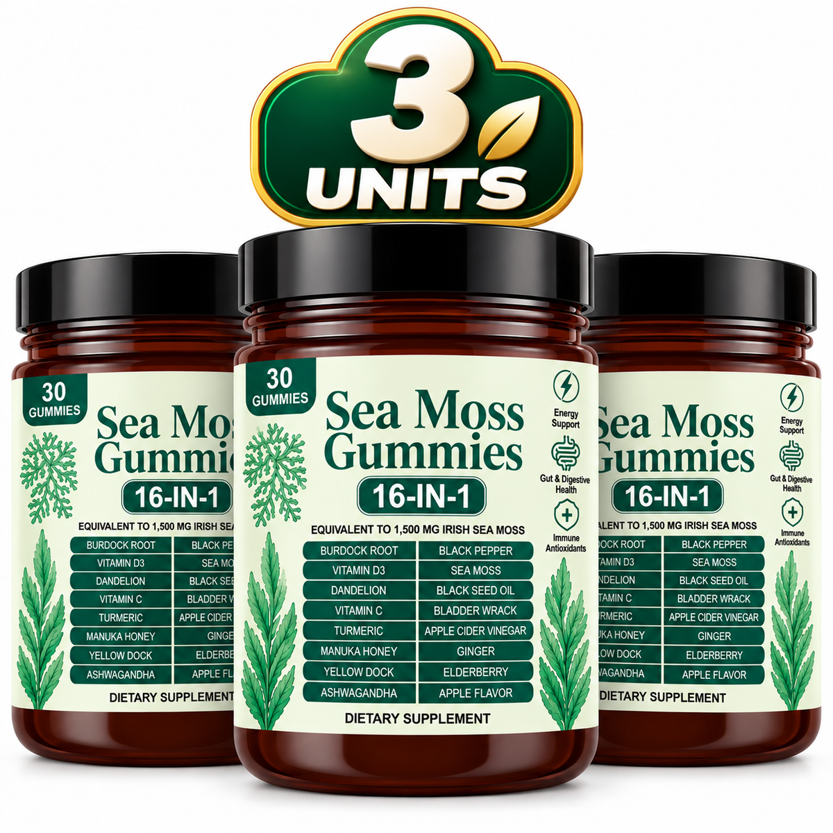 (3 PACK) Sea Moss Gummies 16-in-1, Sea Moss Blend with Black Seed Oil-Green Apple Flavor Imar (Cópia)