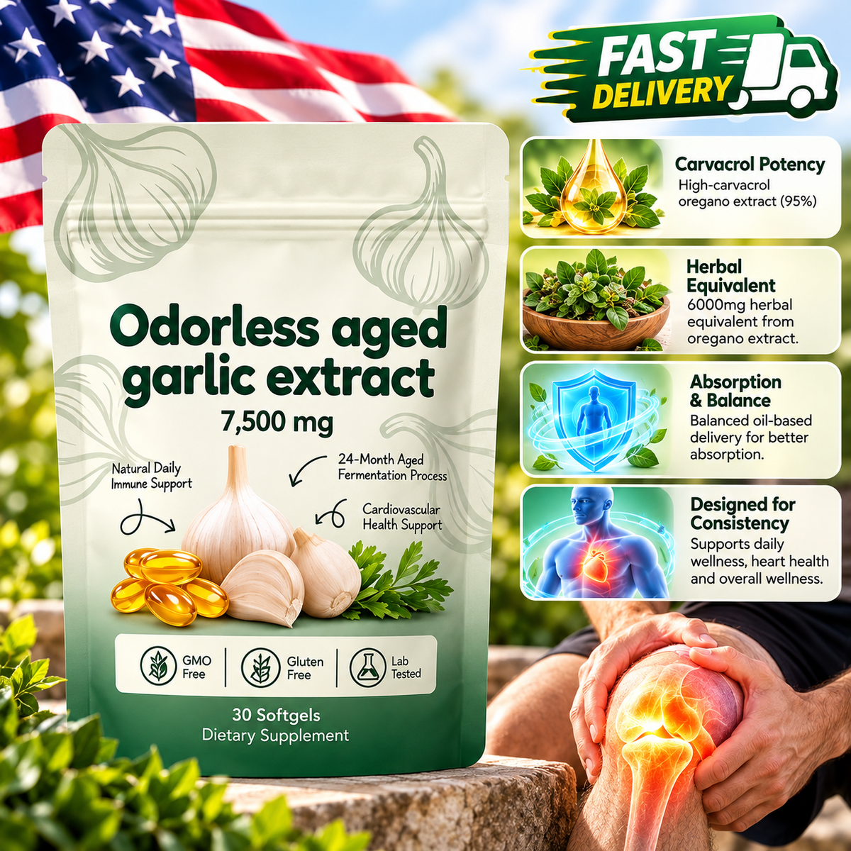 (BUY 1 GET 2) Odorless 24 Month Aged Garlic Extract 7500mg Capsules 30ct Vegetarian US globa