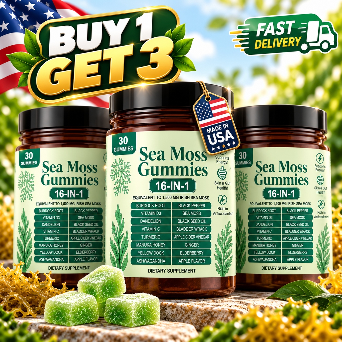 (3 PACK) Sea Moss Gummies 16-in-1, Sea Moss Blend with Black Seed Oil-Green Apple Flavor Imar (Cópia)