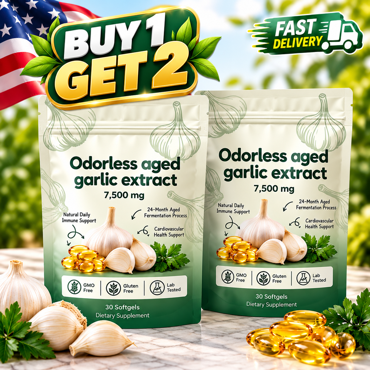 (BUY 1 GET 2) Odorless 24 Month Aged Garlic Extract 7500mg Capsules 30ct Vegetarian US globa