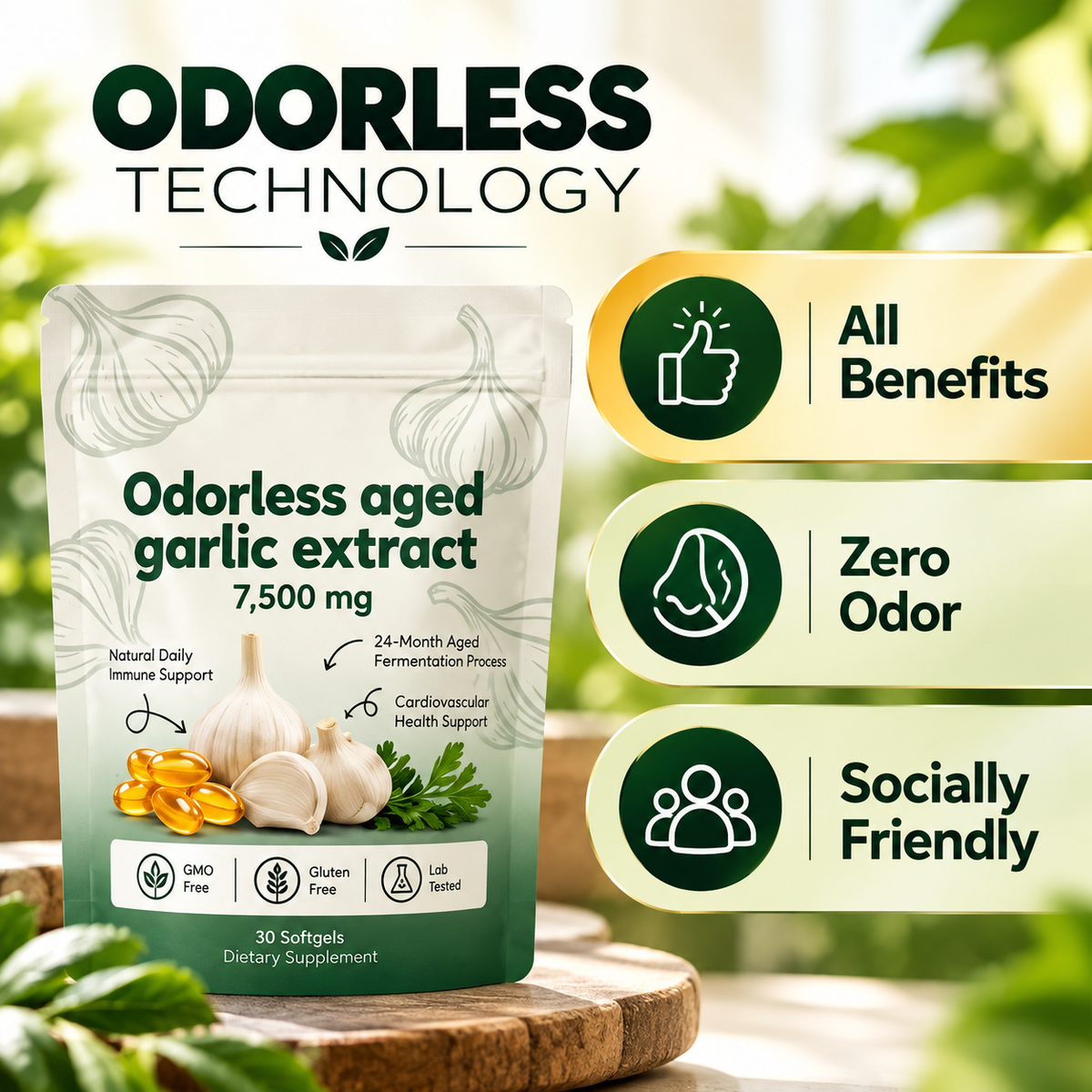 (BUY 1 GET 2) Odorless 24 Month Aged Garlic Extract 7500mg Capsules 30ct Vegetarian US globa